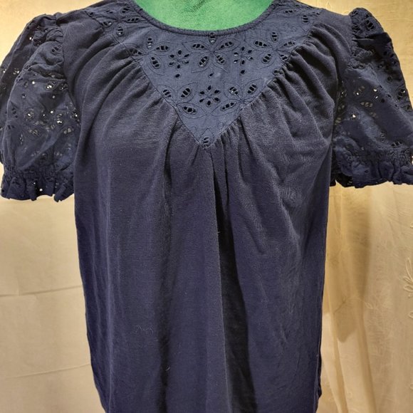 Eyelet Puff Sleeve Mixed Media Navy Top - Picture 3 of 13